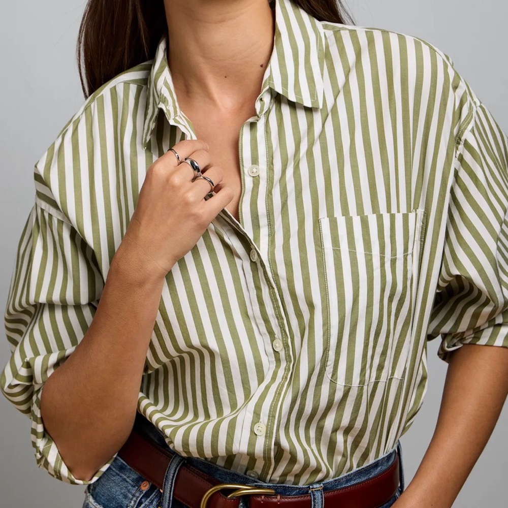 American Eagle Outfitters women’s Striped Tan oversized button up shirt